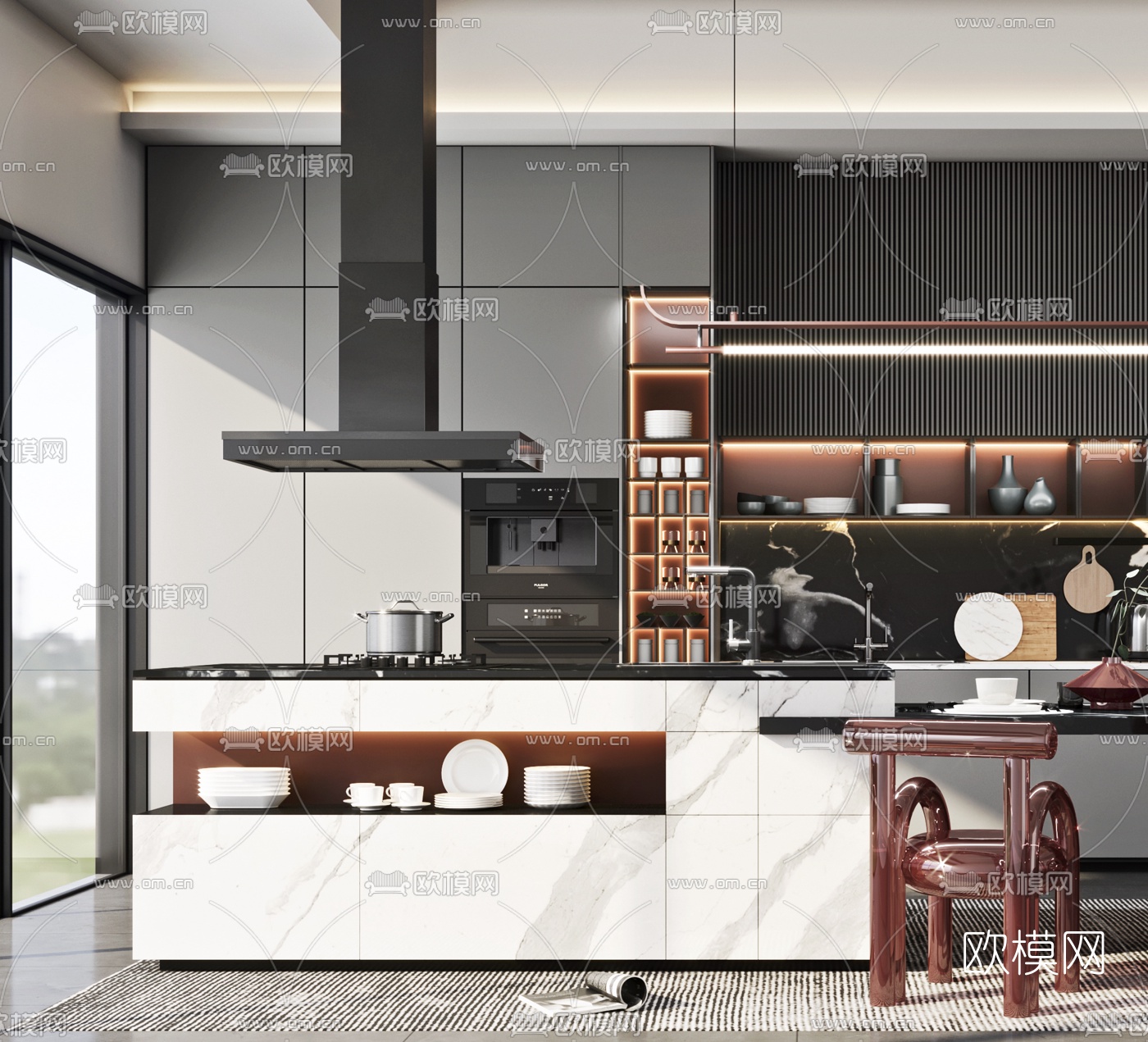 现代中岛厨房餐厅3d模型下载（渲染图2）