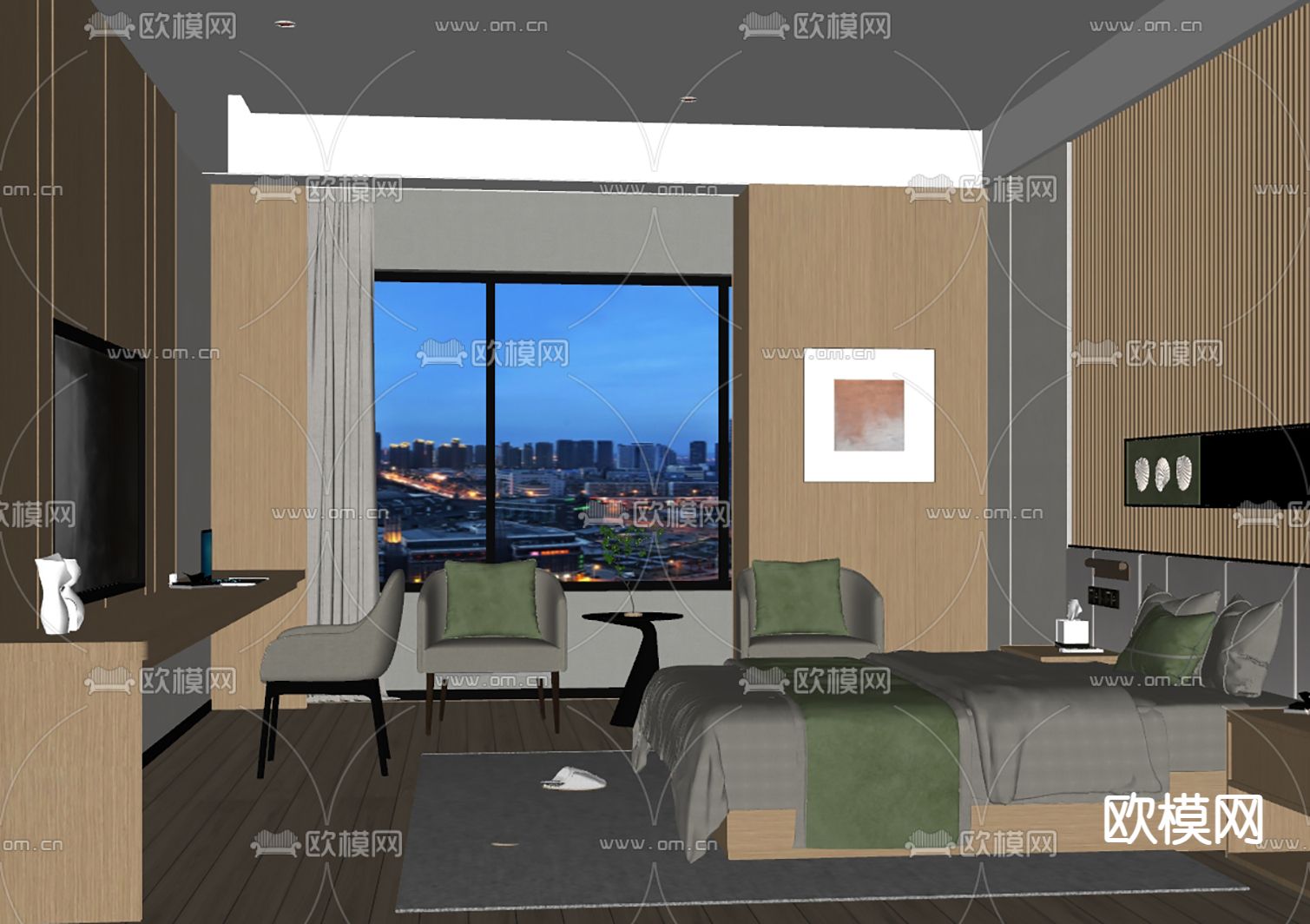 现代酒店客房su模型下载（渲染图1）