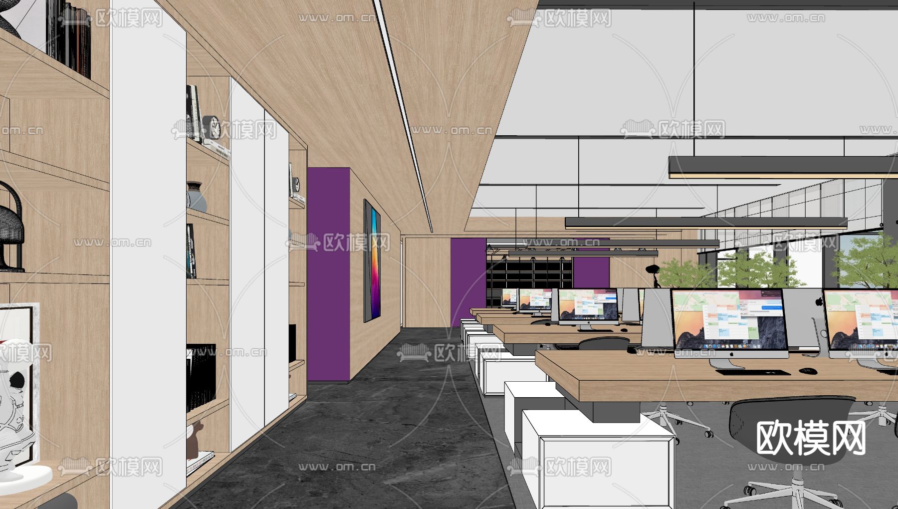 现代开放办公区su模型下载（渲染图2）