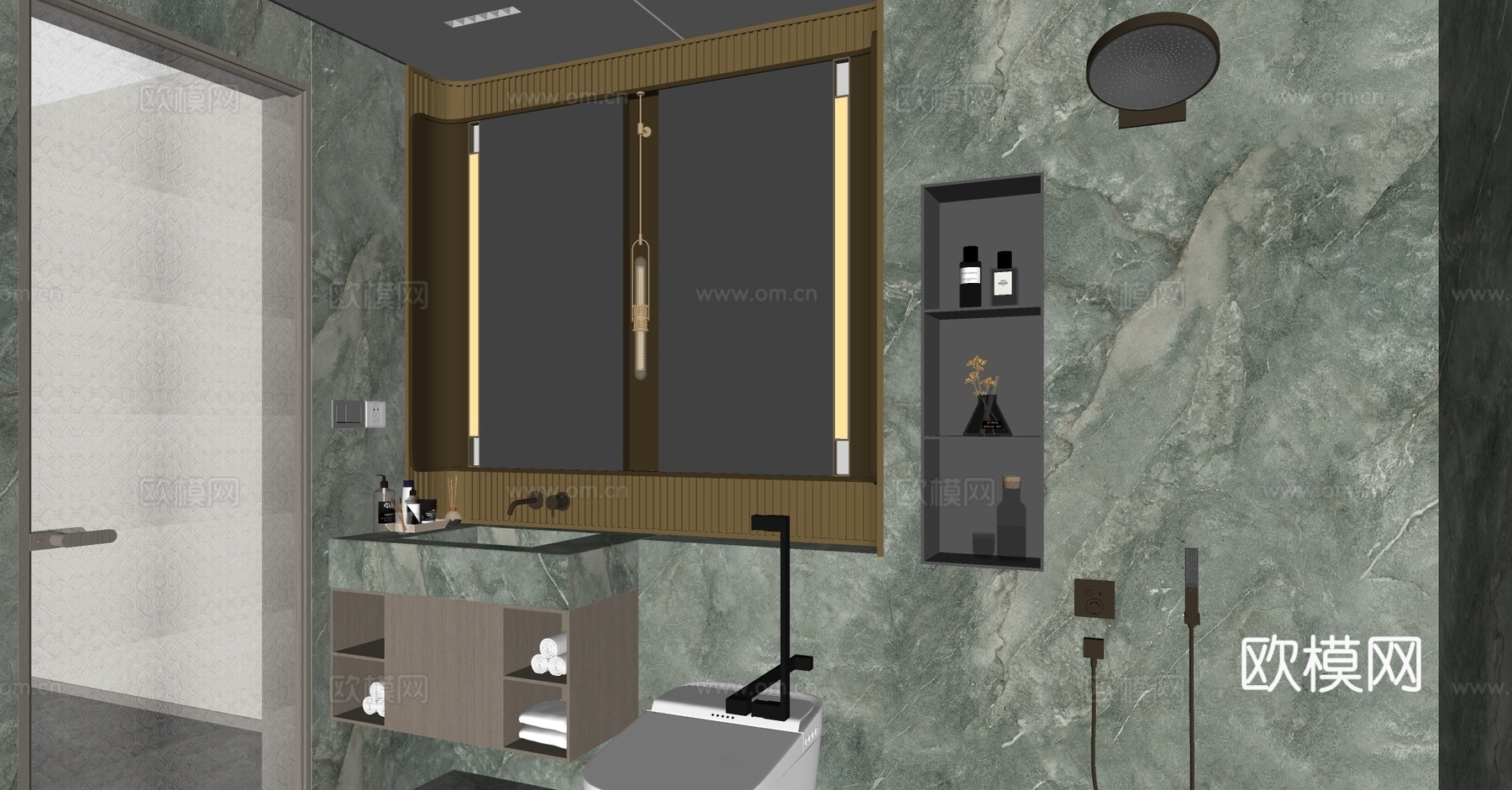 轻奢意式卫生间 大理石卫生间 卫生间洗手台 玻璃门卫生间su模型下载（渲染图3）
