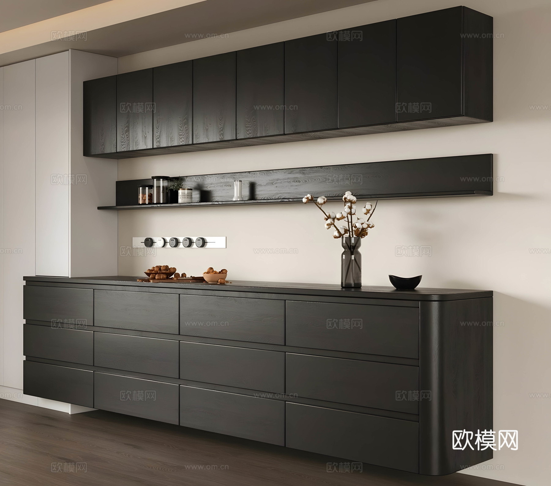 中古侘寂风餐边柜 实木餐边柜 酒柜餐边柜 壁柜餐边柜 整排su模型下载（渲染图1）