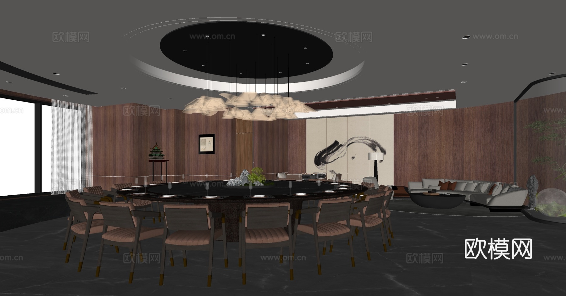 新中式包厢 餐厅包厢 会所包厢 包厢餐桌椅 四人以上餐桌椅su模型下载（渲染图3）