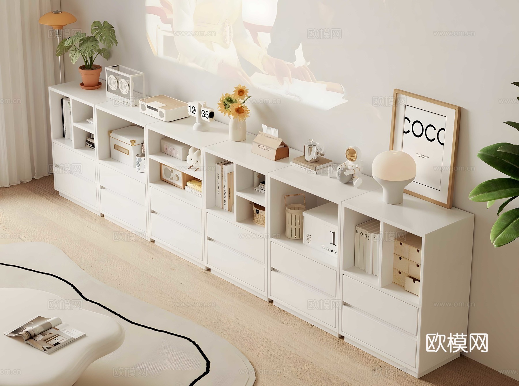 现代奶油书柜 奶油风矮书柜 白色矮书柜 奶油北欧书柜 书籍su模型下载（渲染图2）