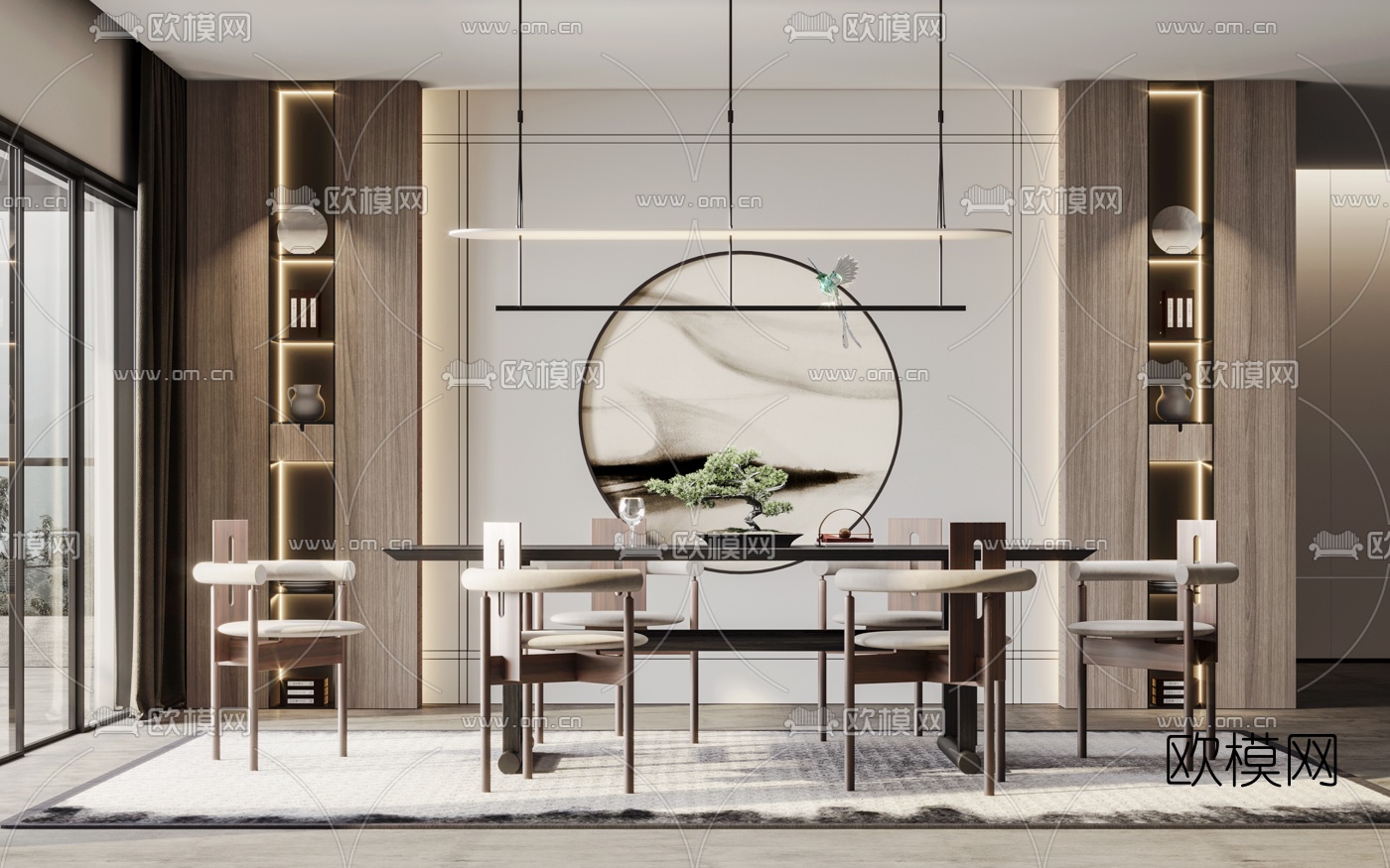 新中式条形餐桌椅3d模型下载（渲染图1）