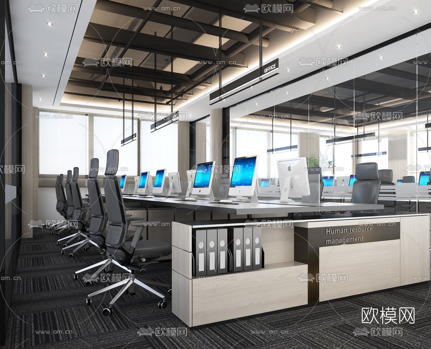 现代开放式办公区3d模型下载（渲染图2）