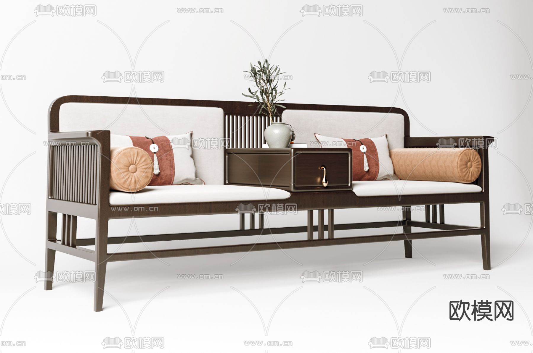 新中式布艺罗汉床3d模型下载（渲染图2）
