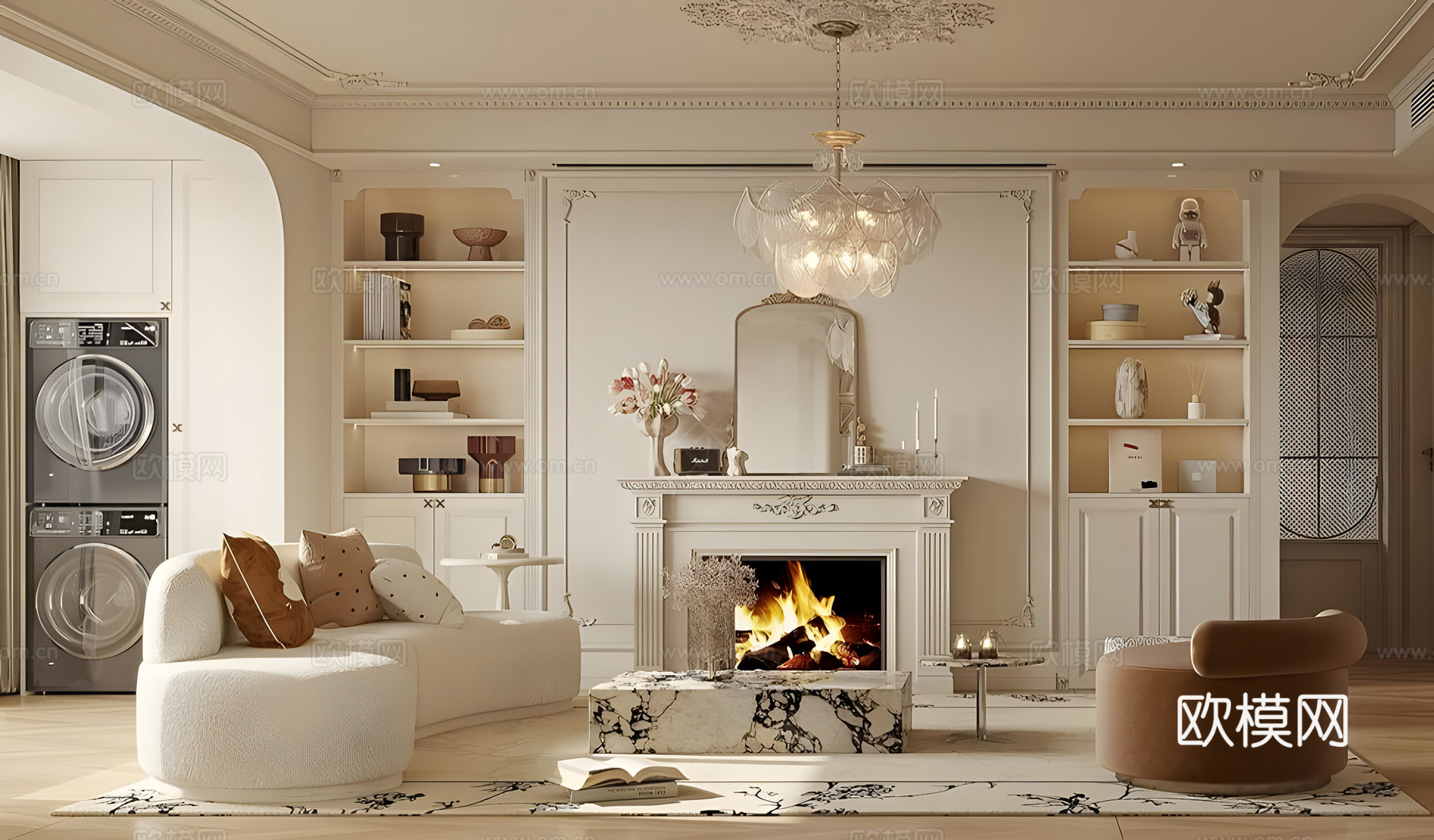 法式家居客厅 法式奶油风客厅 沙发茶几组合 法式复古风客厅su模型下载（渲染图1）