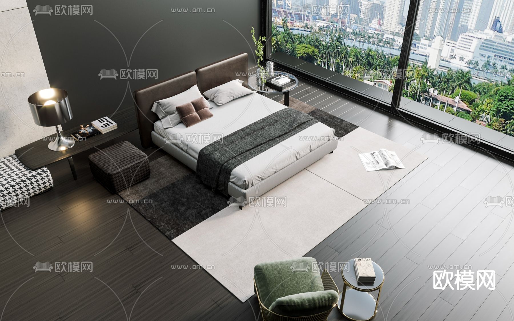 现代布艺双人床3d模型下载（渲染图2）