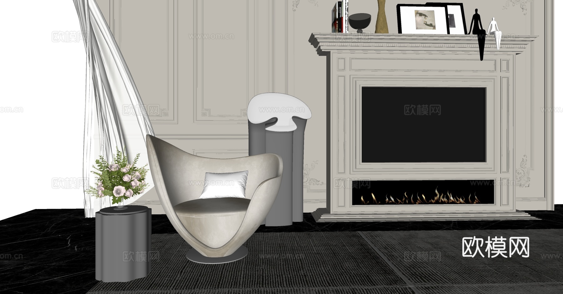 轻奢意式休闲椅 异型休闲椅 蛋形沙发椅 布艺休闲椅 无扶手椅su模型下载（渲染图2）