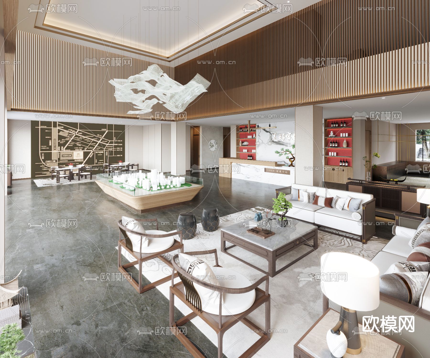 新中式售楼处 沙盘区3d模型下载（渲染图2）