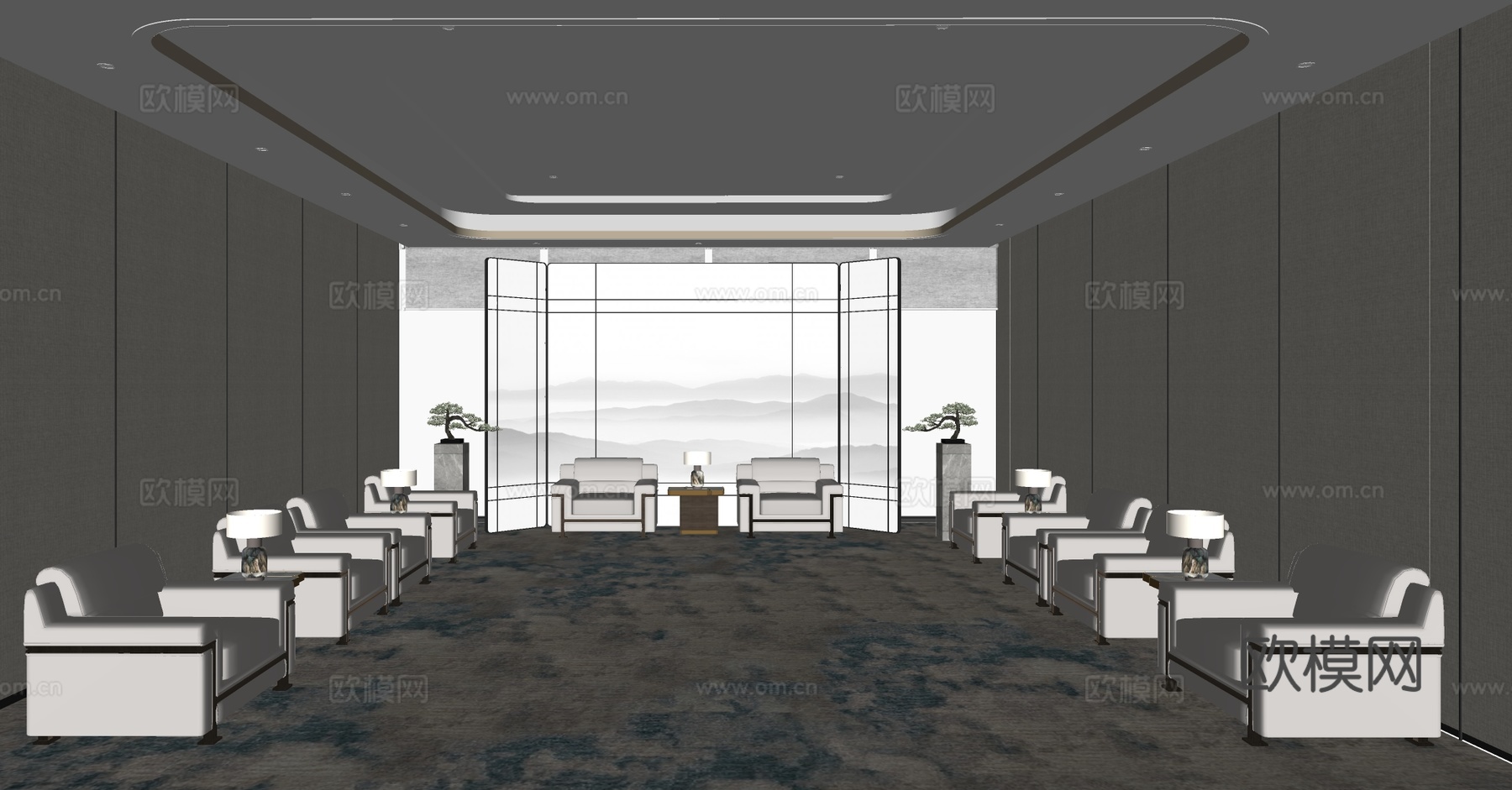 新中式接待室 接待沙发茶几组合 会客室 贵宾洽谈室 接待沙发su模型下载（渲染图2）