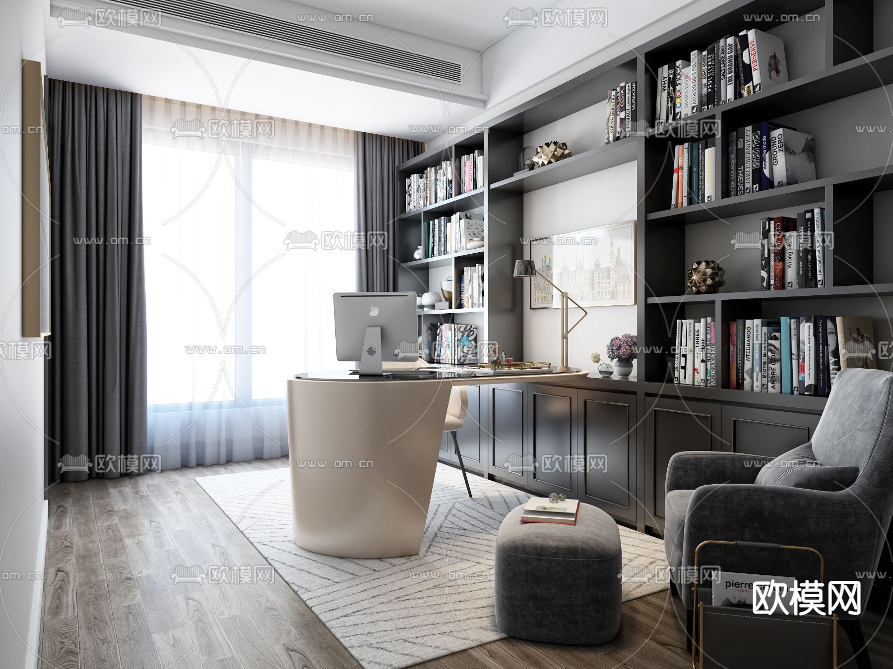 现代书房su模型下载（渲染图1）