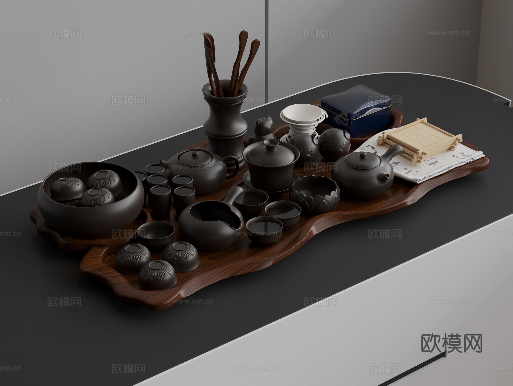 茶具组合 茶壶 茶杯 实木茶托盘3d模型
