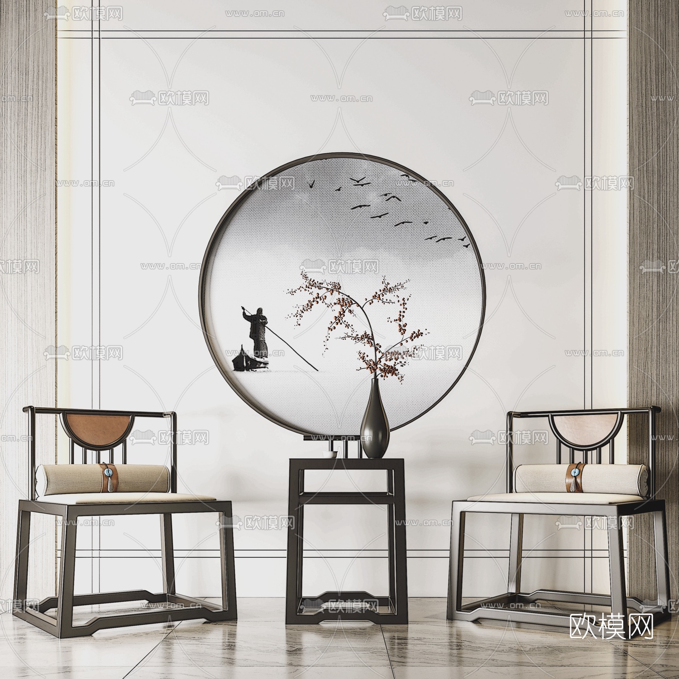 新中式实木单椅su模型下载（渲染图1）