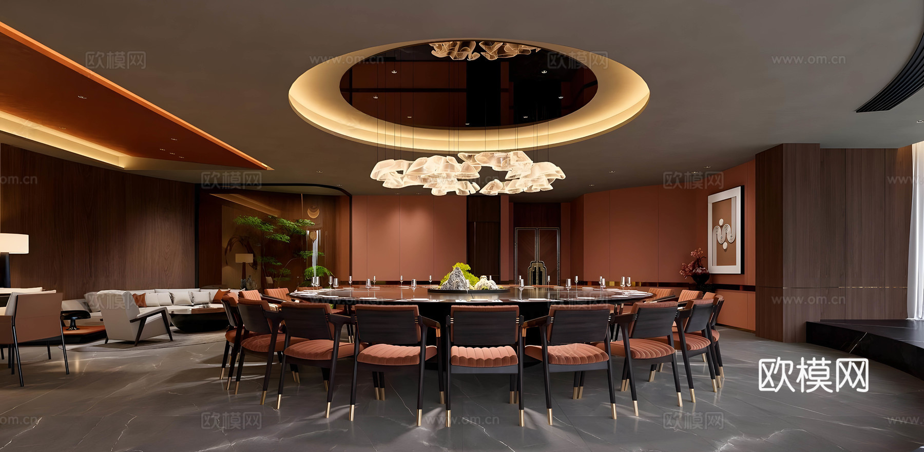 新中式包厢 餐厅包厢 会所包厢 包厢餐桌椅 四人以上餐桌椅su模型下载（渲染图2）