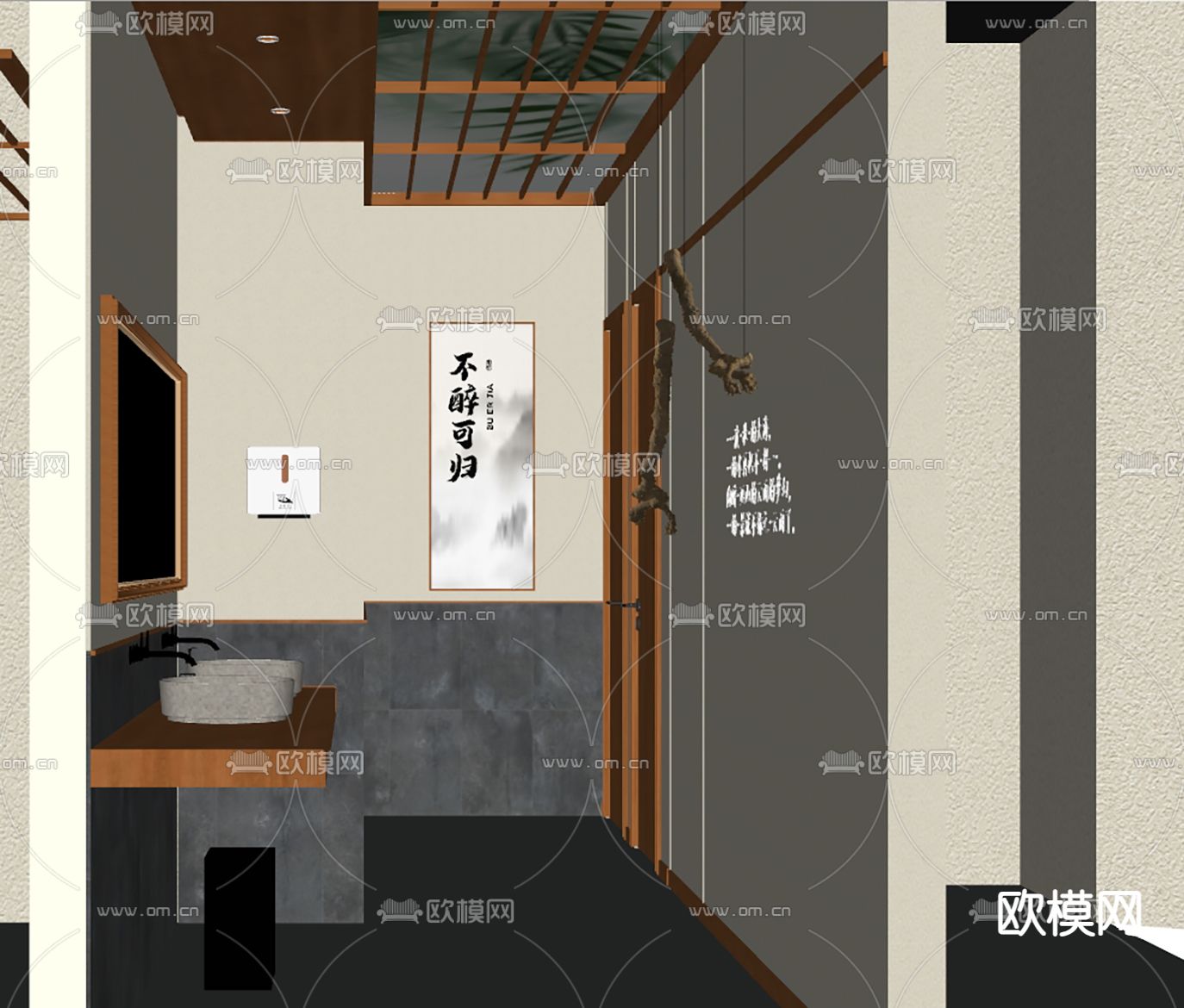 新中式公共卫生间su模型下载（渲染图1）