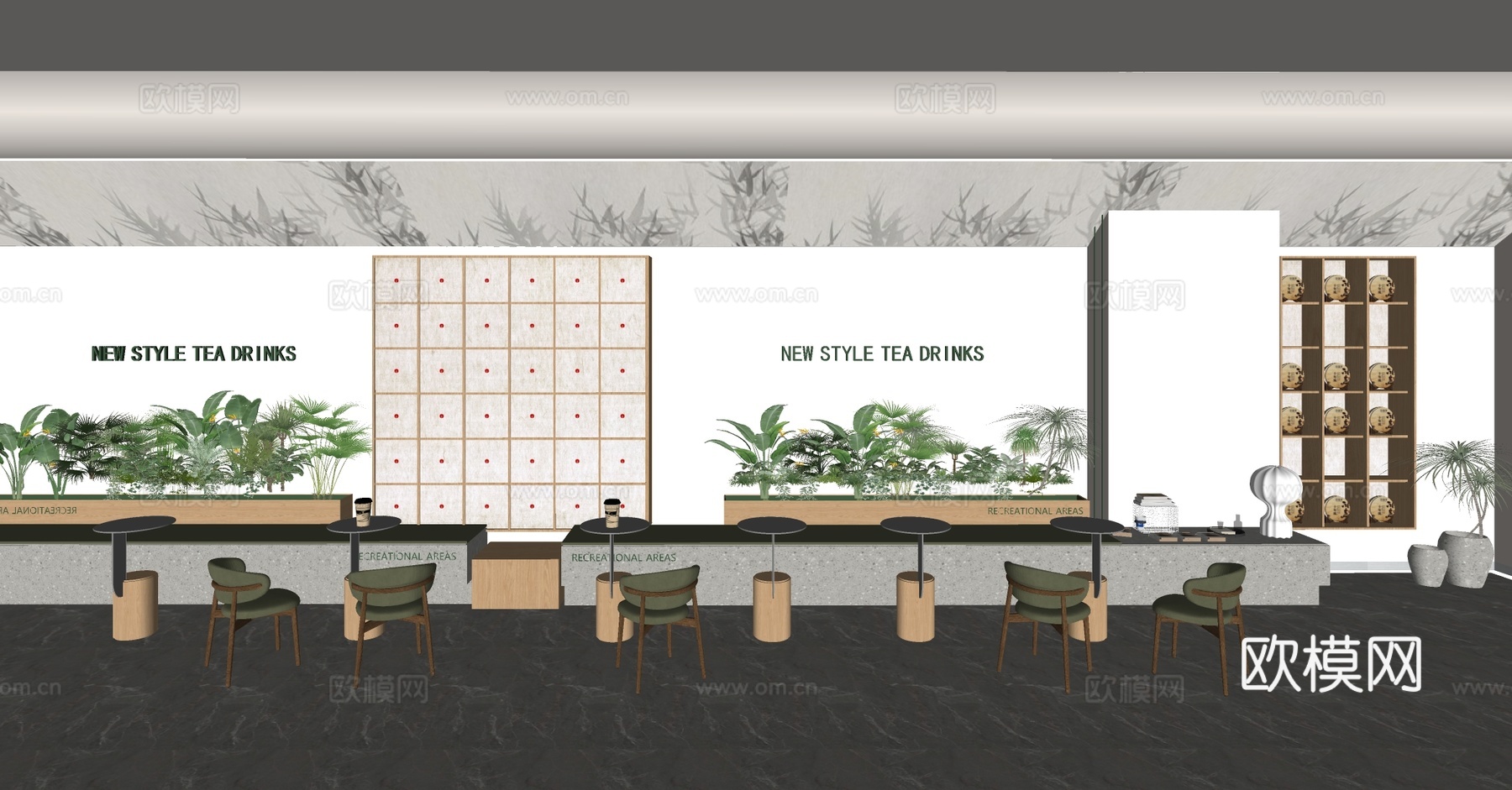 原木奶茶店 奶茶店卡座区 咖啡店卡座沙发 靠墙卡座沙发 绿植su模型