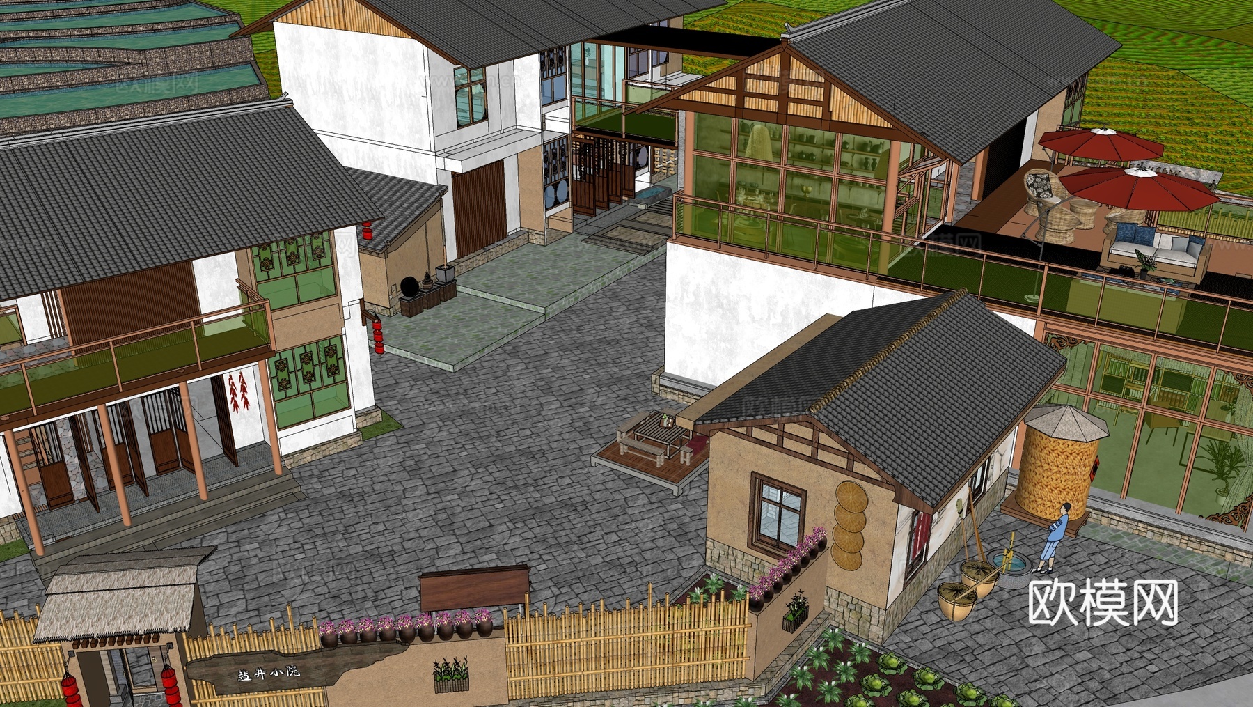新中式乡村庭院 乡村建筑su模型