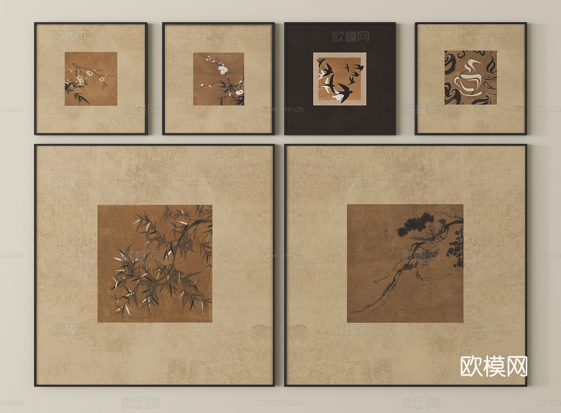 中古风挂画组合 装饰画su模型