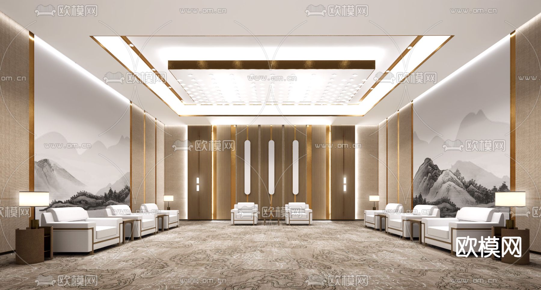 新中式接待室su模型下载（渲染图1）