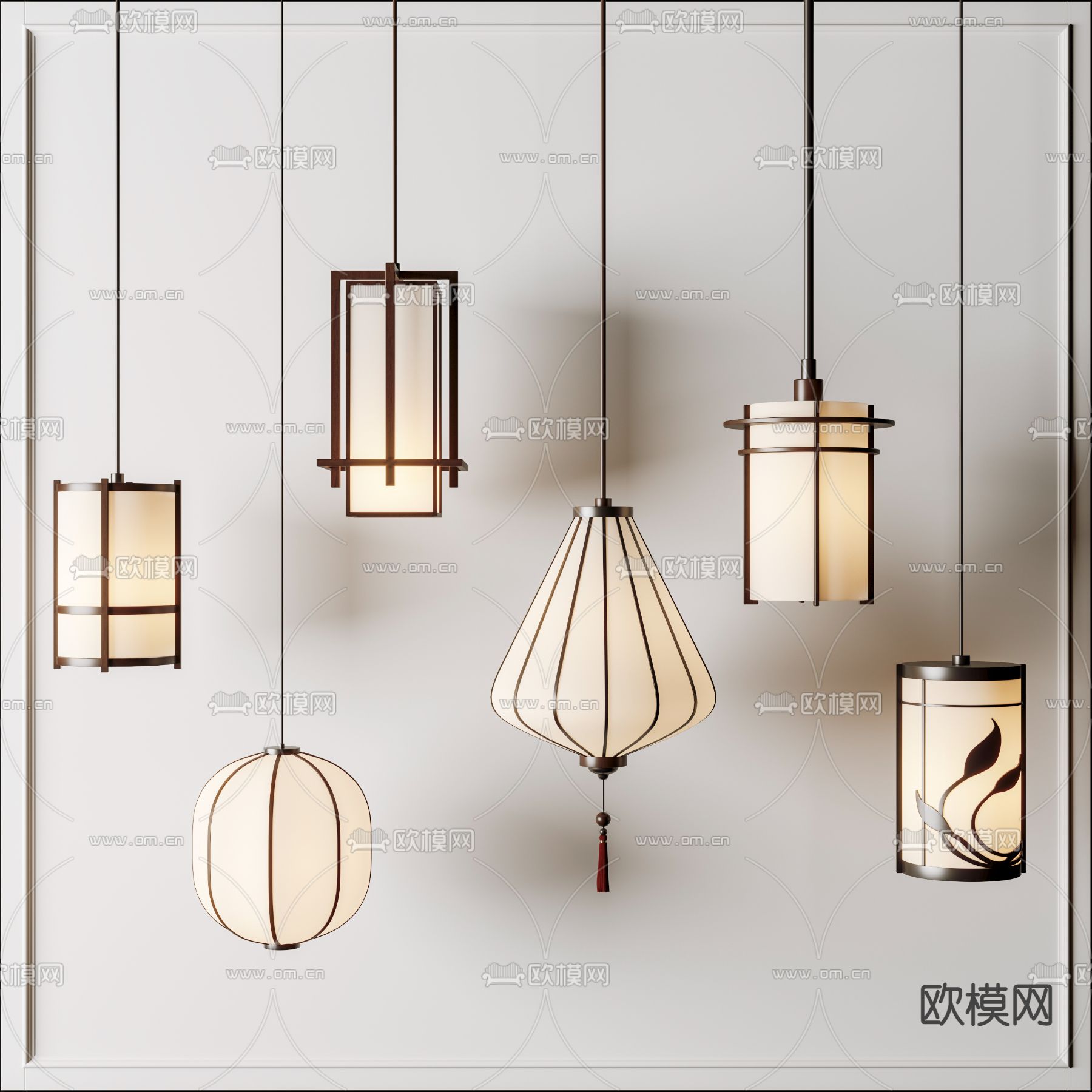 新中式布艺灯笼吊灯3d模型下载