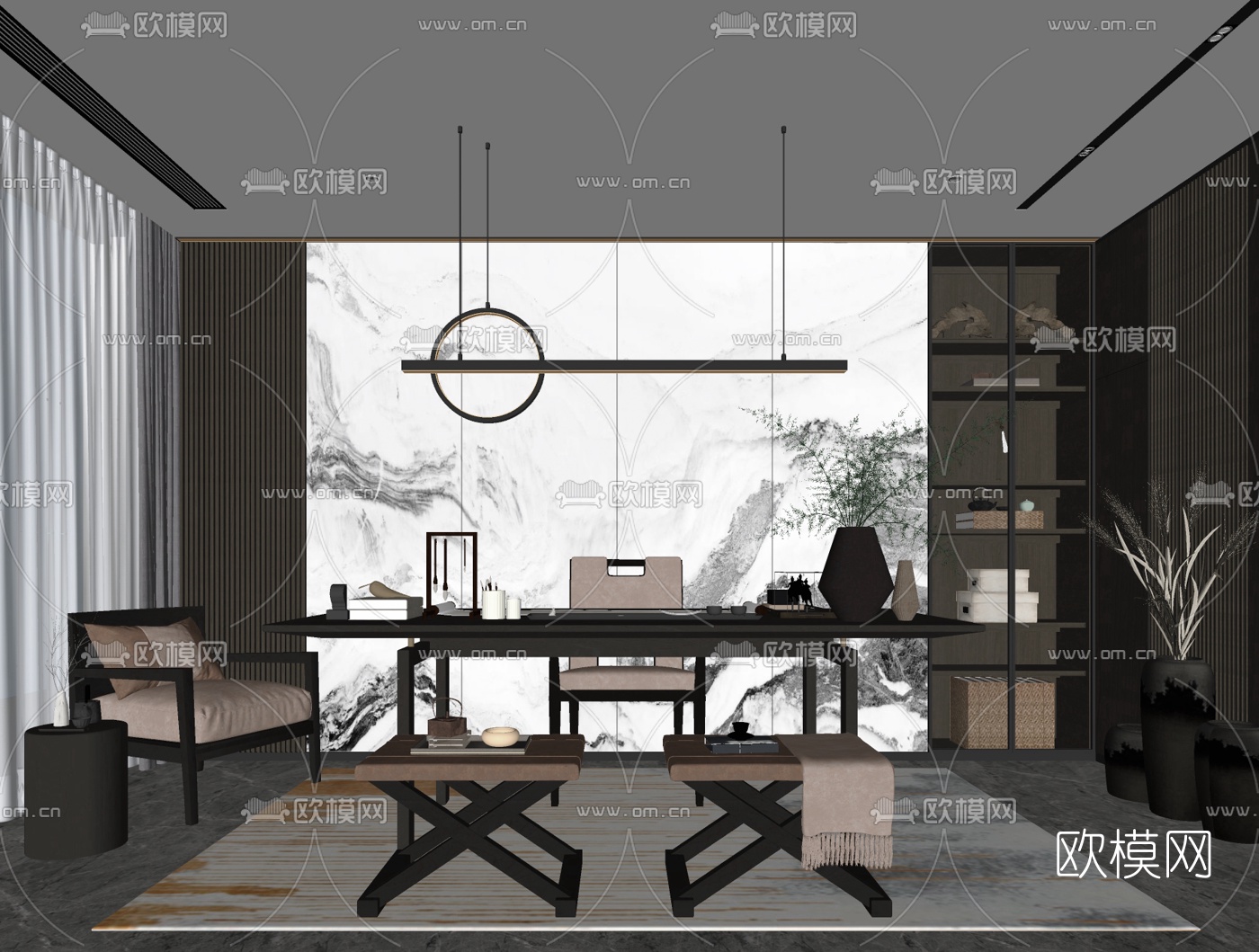 新中式书房su模型下载