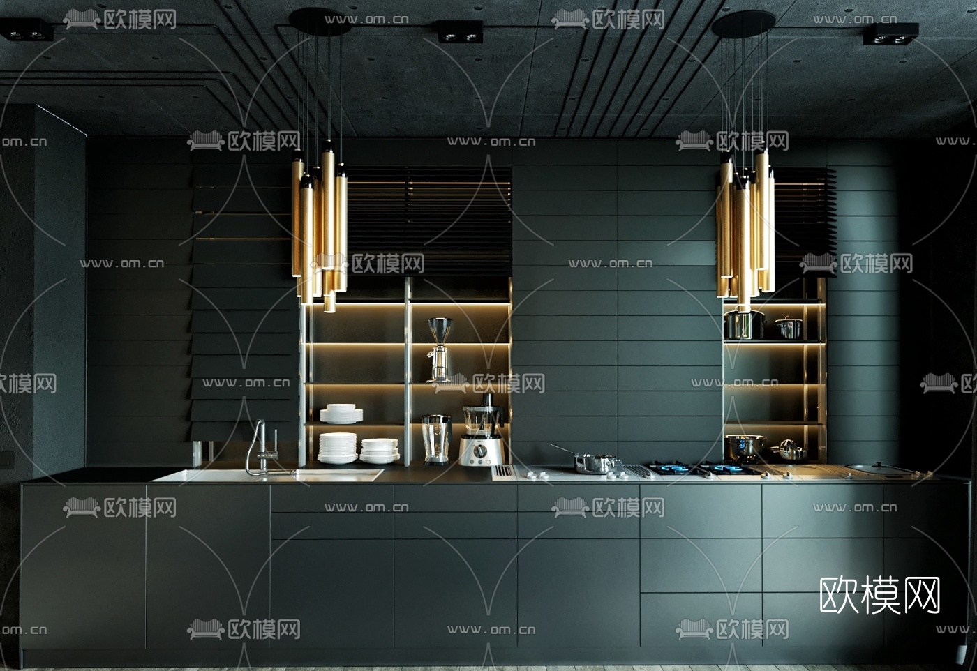 暗黑风 客厅厨房3d模型下载（渲染图1）