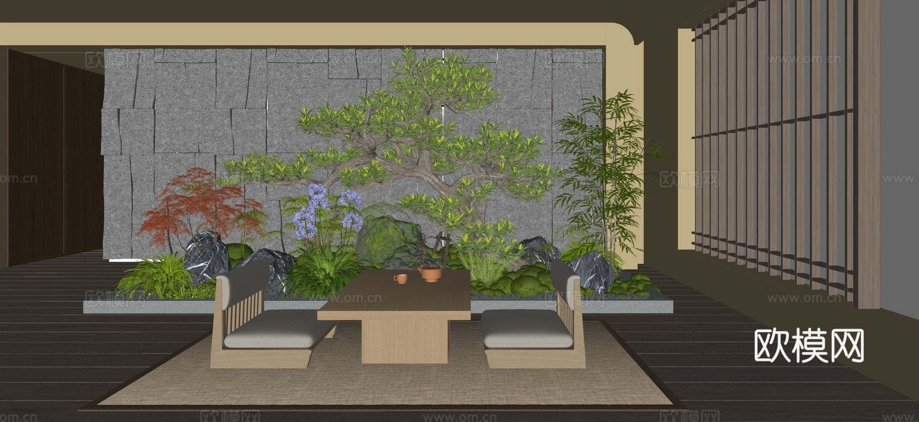 新中式禅意榻榻米茶室 植物组合 景观小品 植物堆 宋式茶室su模型