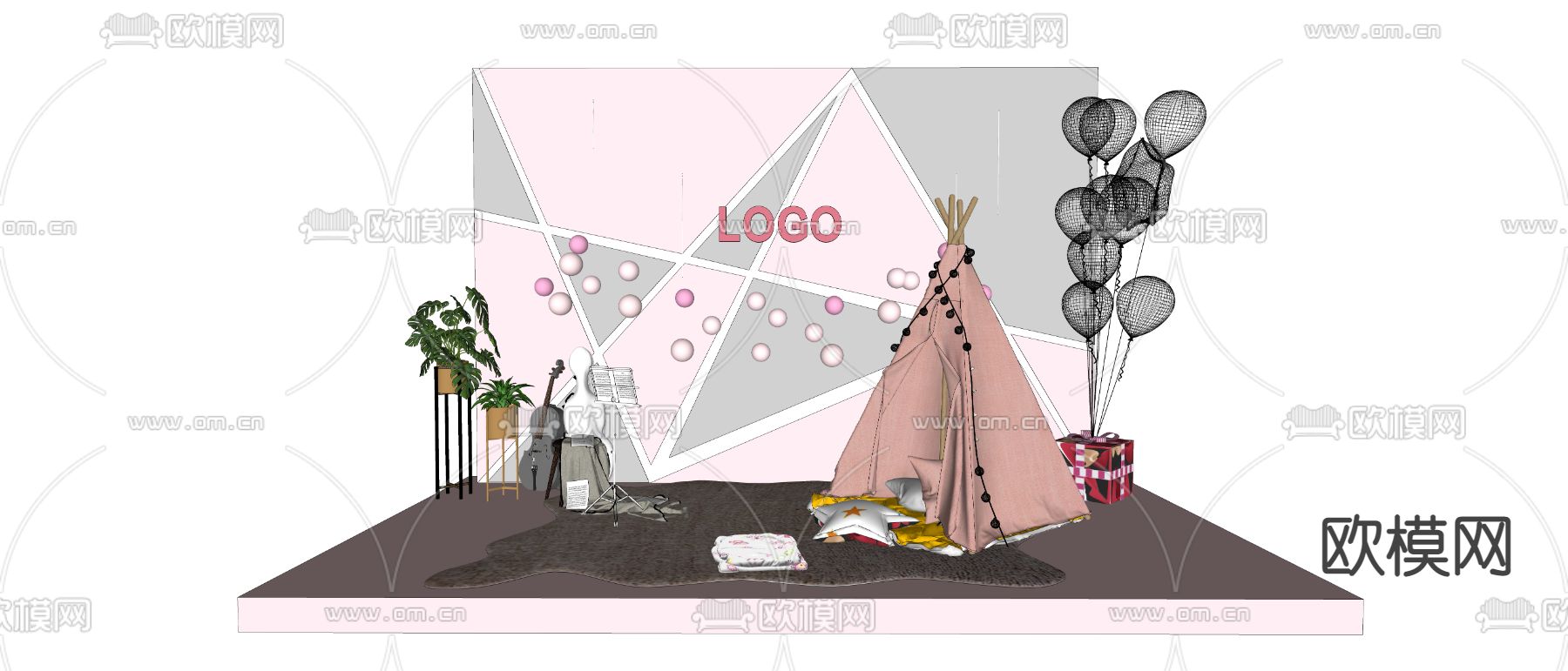 现代婚礼美陈拍照墙su模型下载（渲染图2）