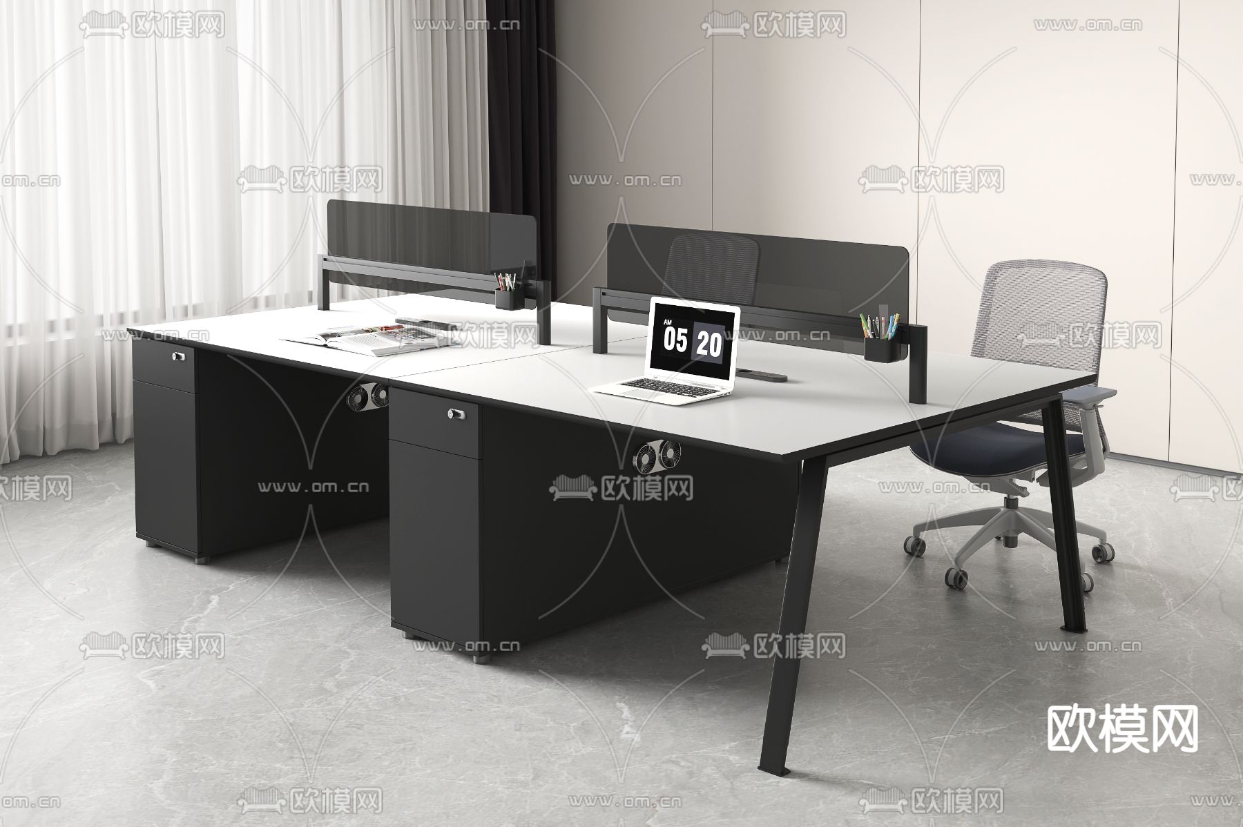 办公桌 办公椅 文件柜3d模型下载（渲染图2）