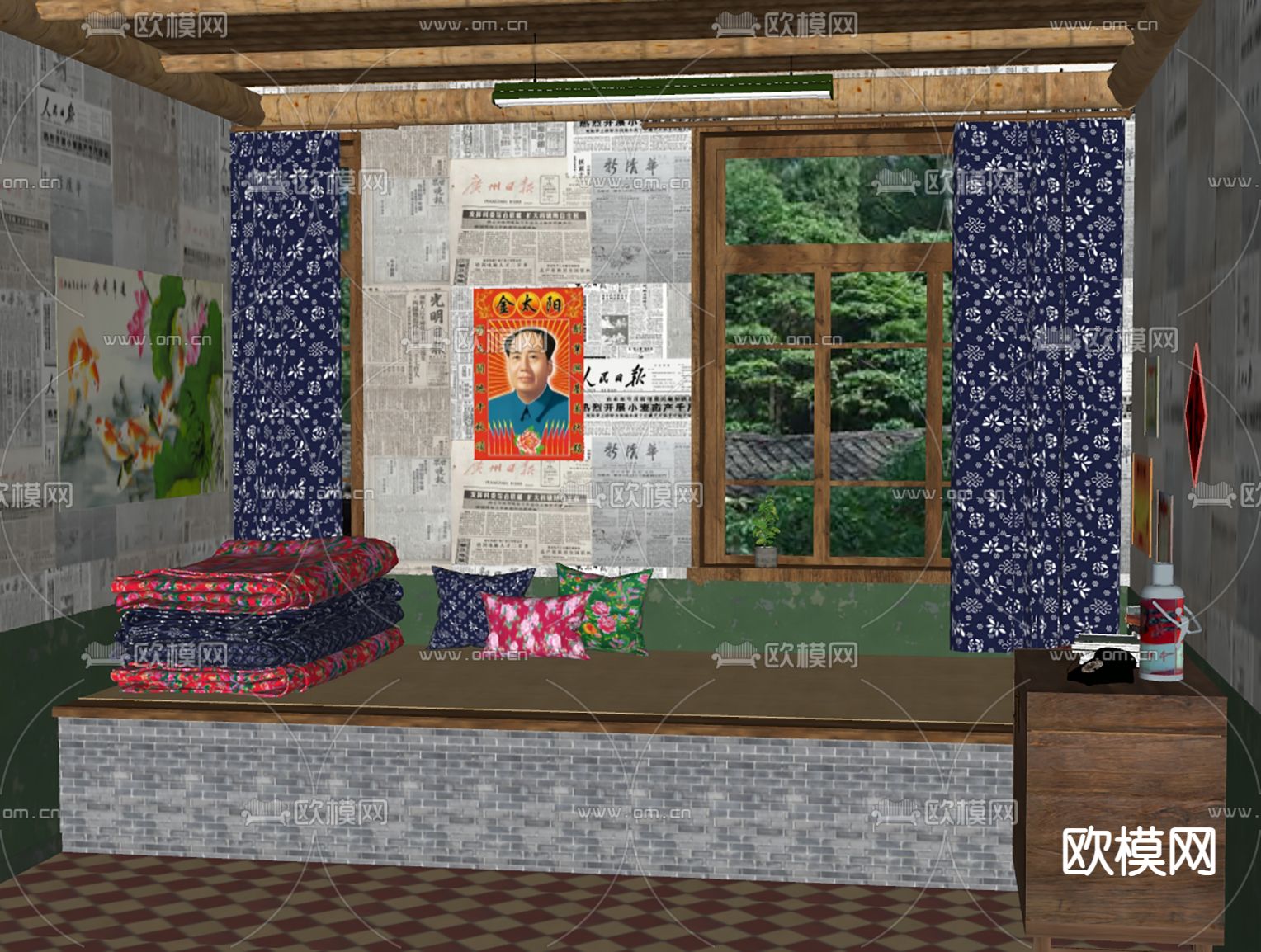 中式农村卧室土炕su模型下载（渲染图1）