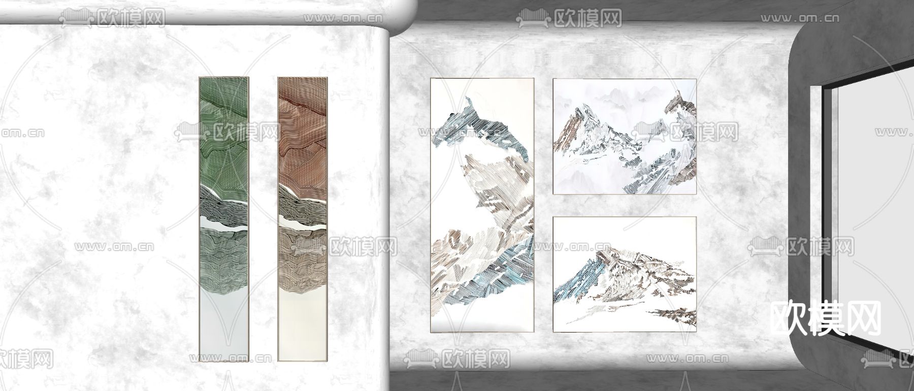 侘寂风装饰挂画 意境山水画 艺术画su模型