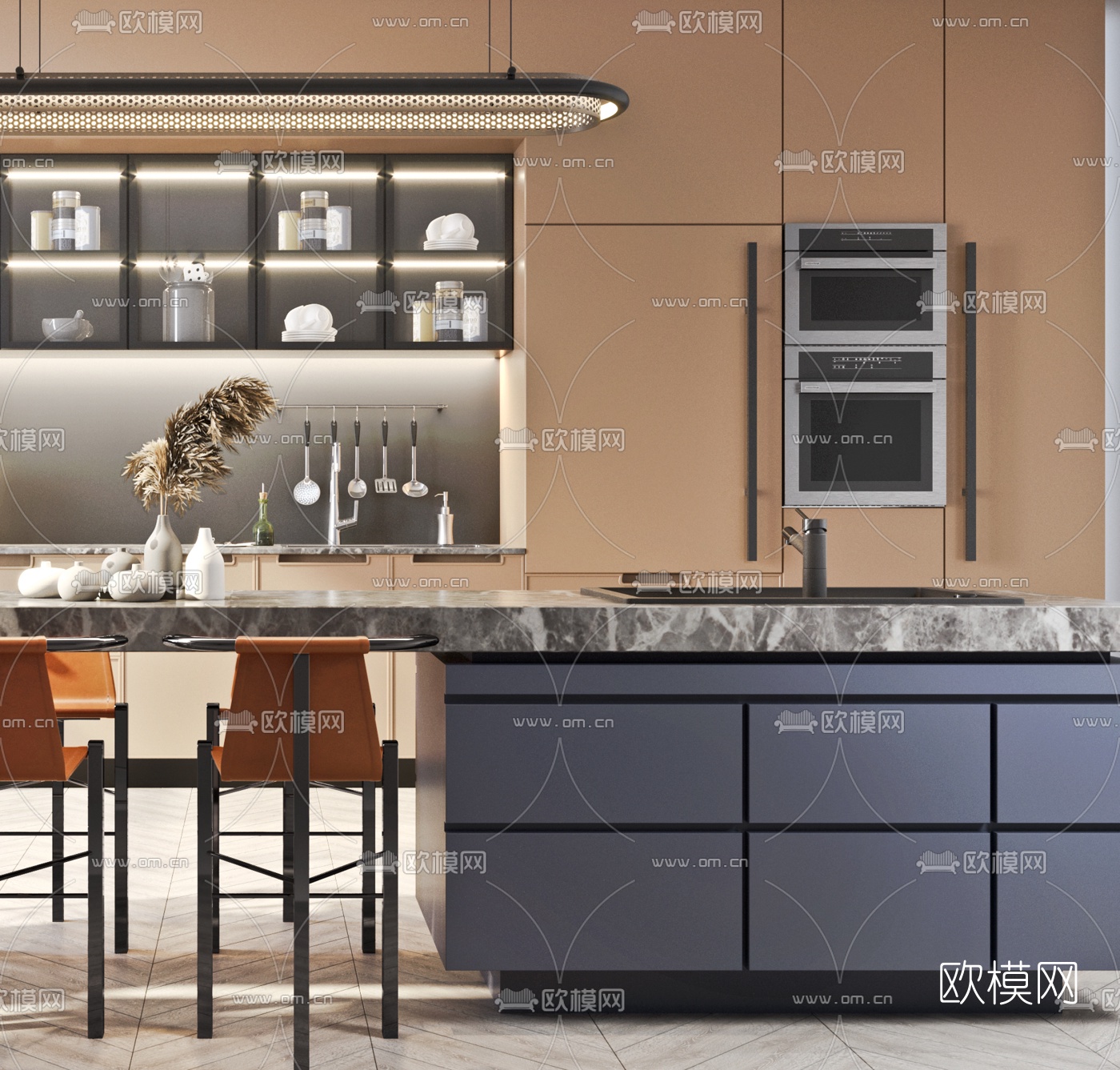 现代厨房中岛柜餐桌椅3d模型下载（渲染图2）