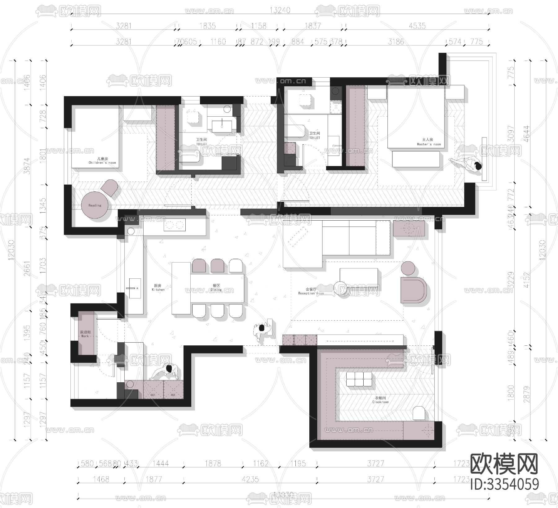 124㎡经典三改一平面优化案例源文件下载（渲染图1）