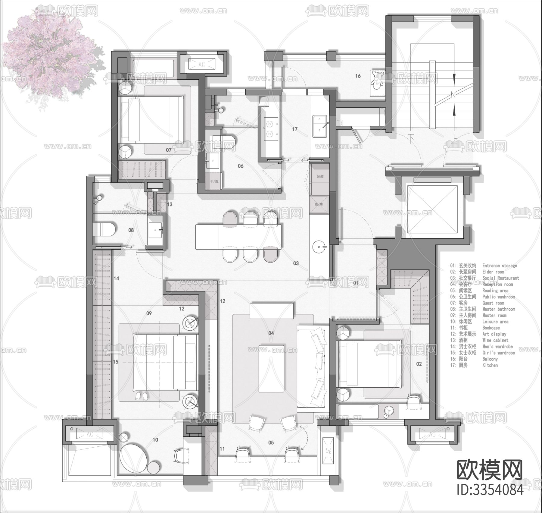 133㎡三室常规户型创新平面优化案例源文件下载（渲染图3）