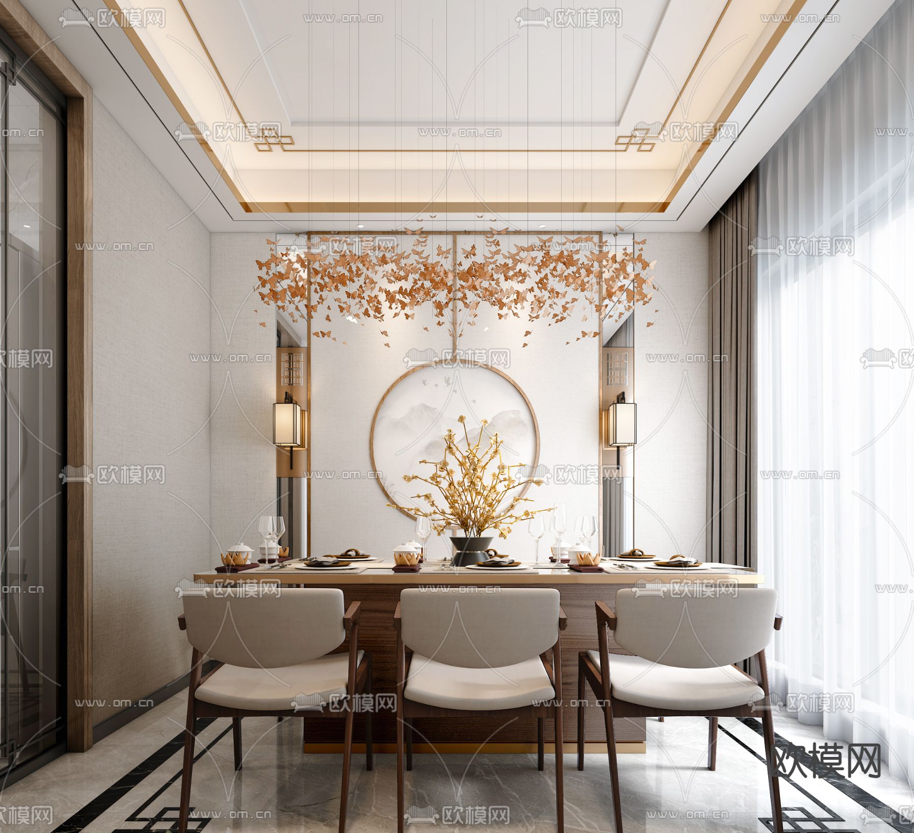 新中式轻奢餐厅su模型下载（渲染图1）