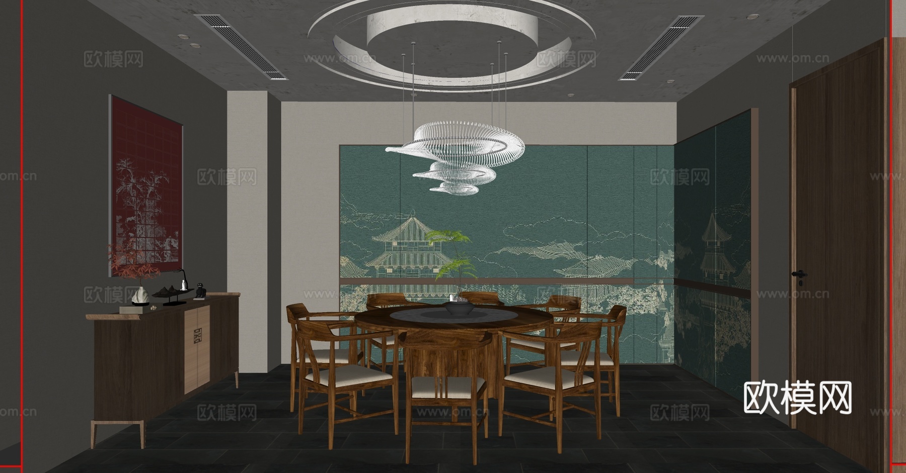 新中式包厢 餐厅包厢 会所包厢 包厢餐桌椅 四人以上餐桌椅su模型下载（渲染图3）