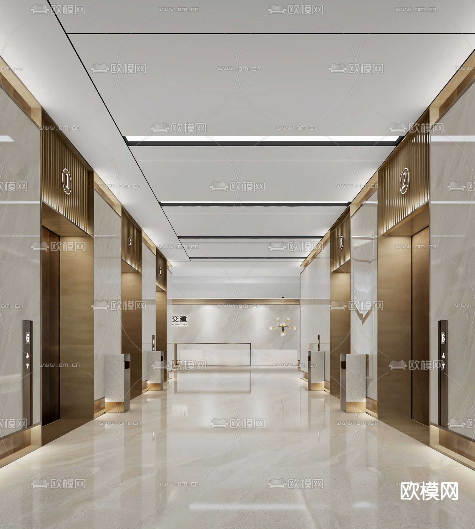 现代办公电梯厅su模型下载（渲染图1）