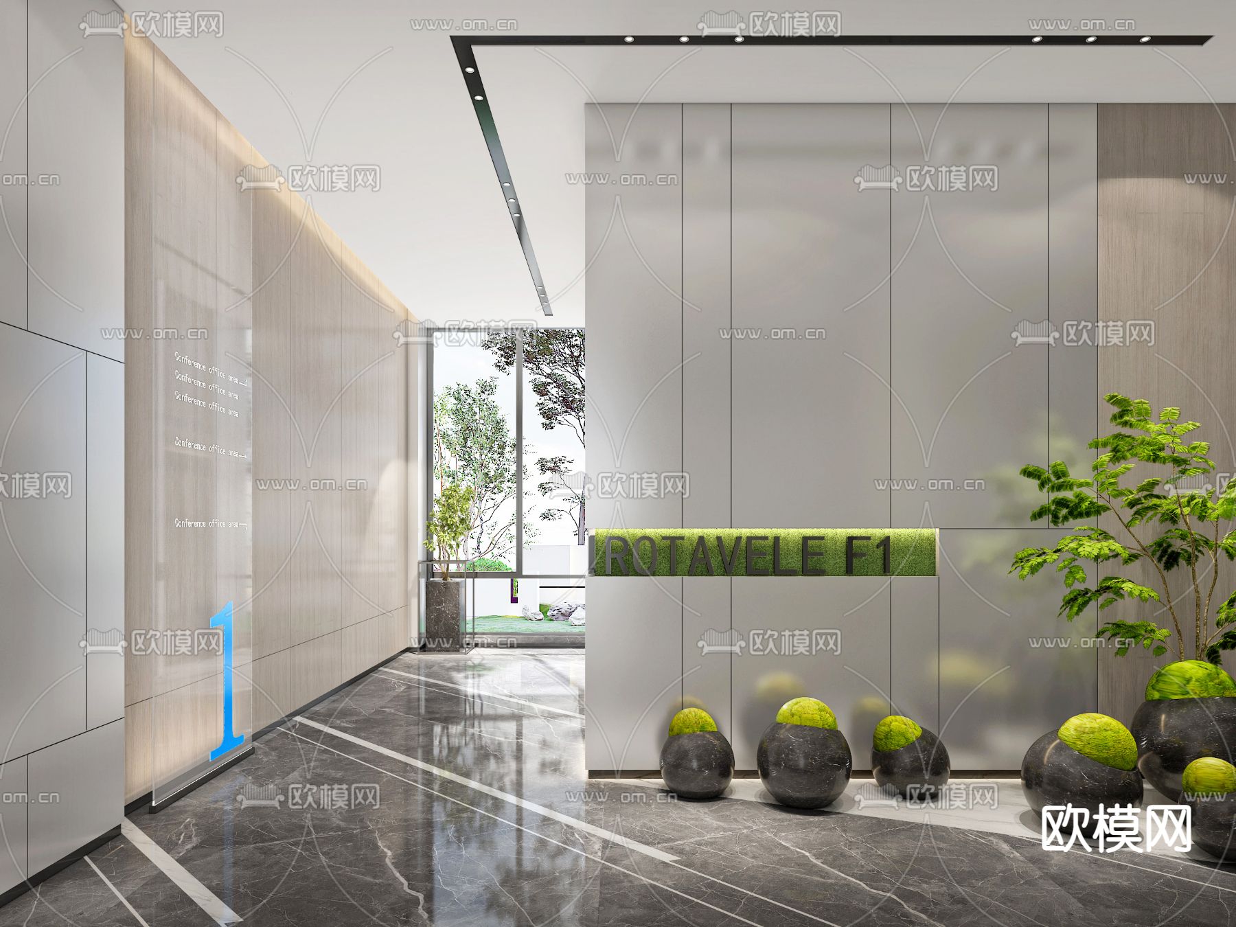 现代办公室电梯厅su模型下载（渲染图2）