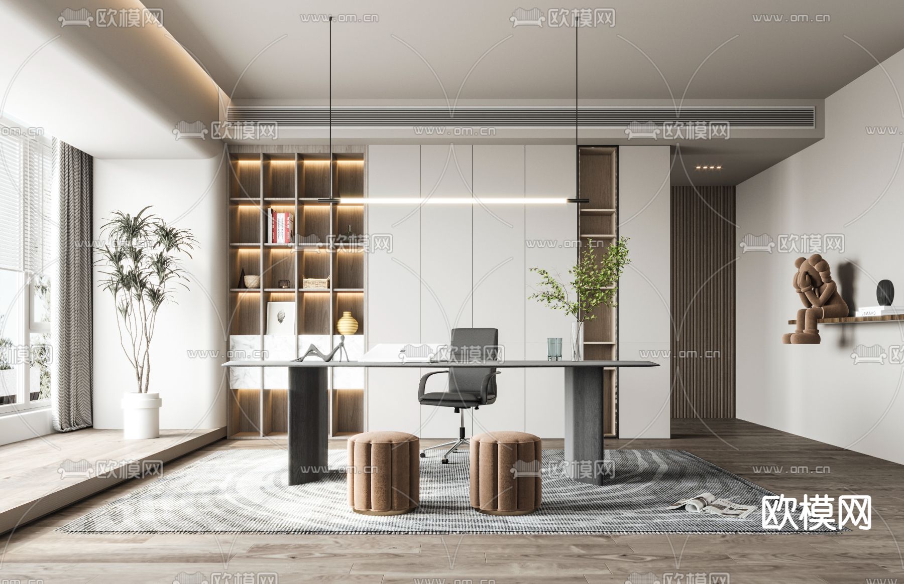 现代轻奢书房3d模型下载（渲染图1）