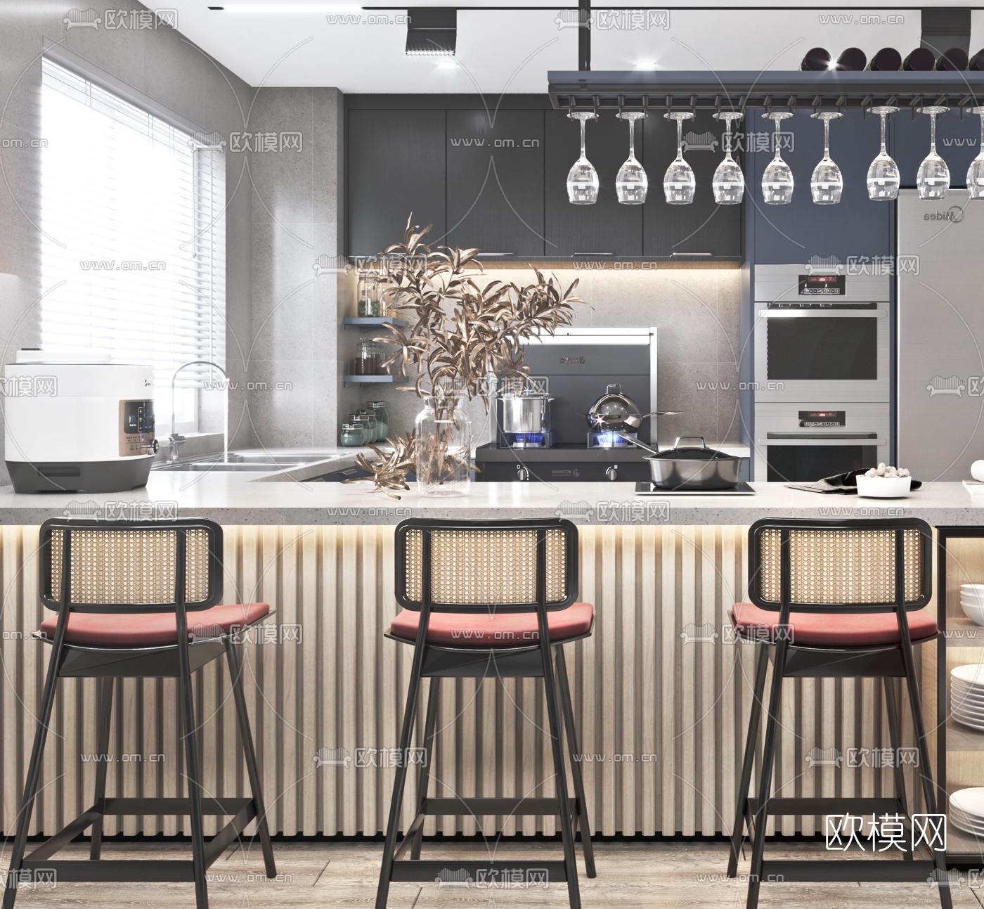 现代开放式厨房吧台3d模型下载（渲染图4）