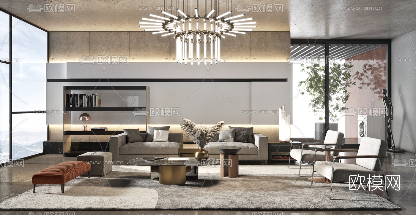 现代布艺沙发组合3d模型下载（渲染图1）