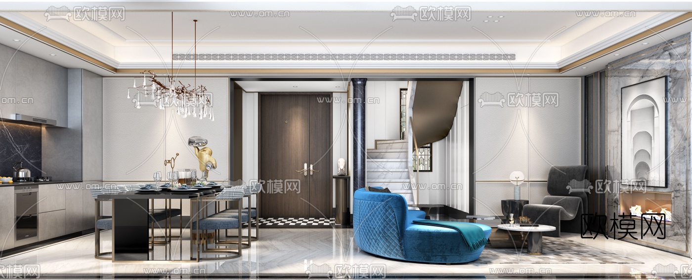 后现代复式客厅餐厅3d模型下载