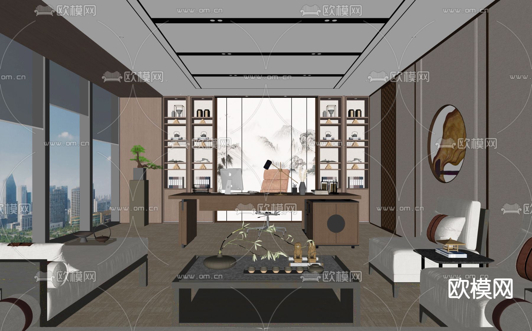 新中式办公室su模型下载（渲染图2）
