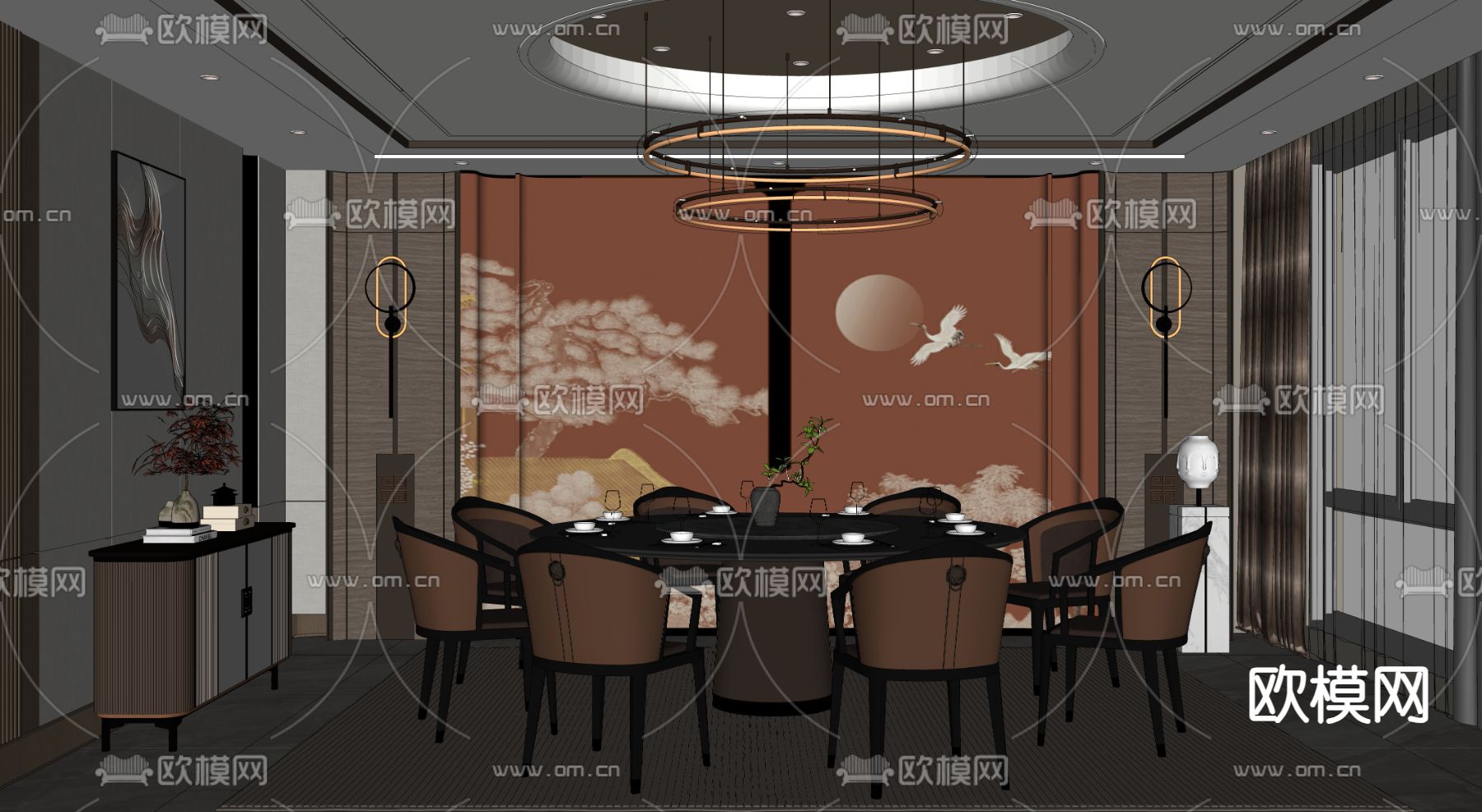 新中式餐厅包间 包厢su模型下载（渲染图1）