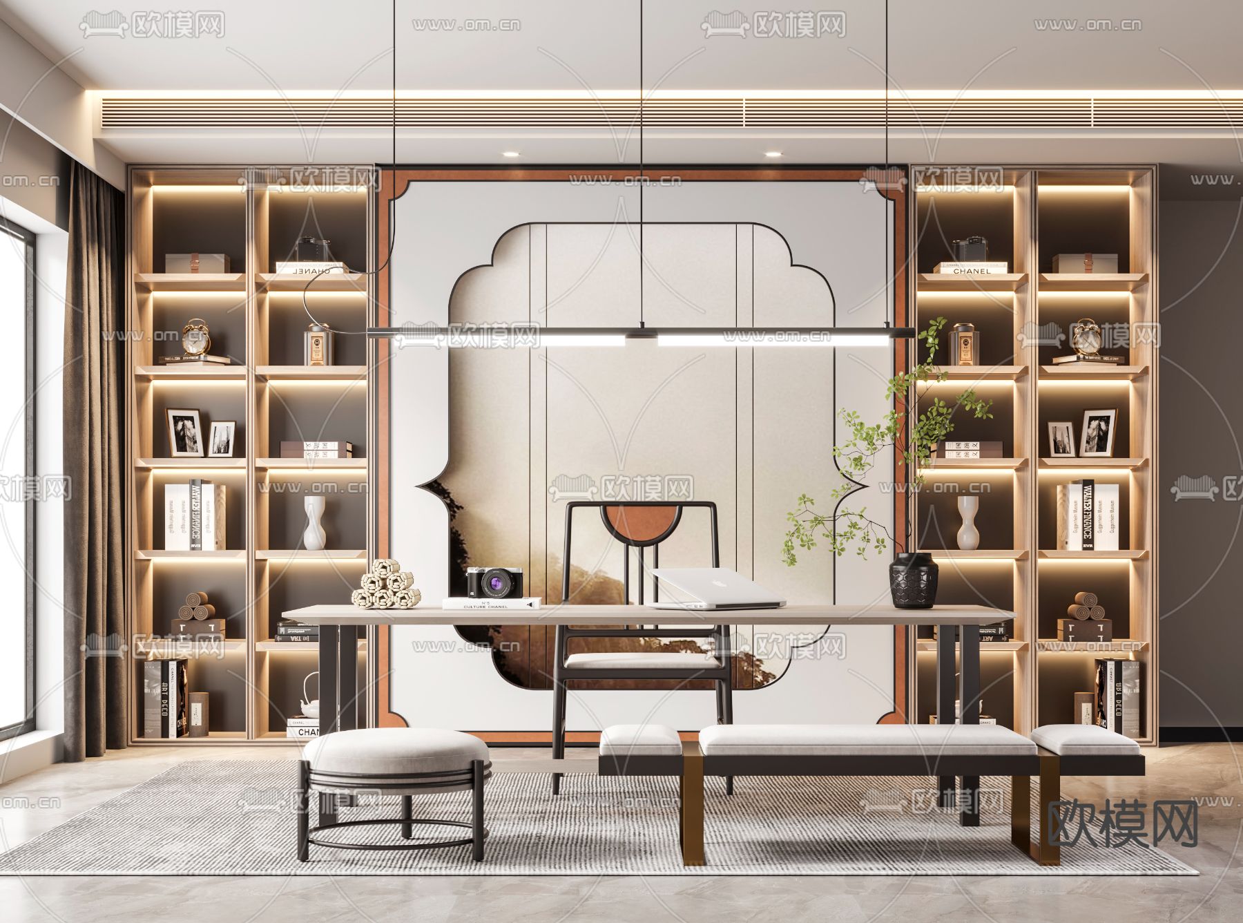 新中式书桌椅su模型下载（渲染图1）