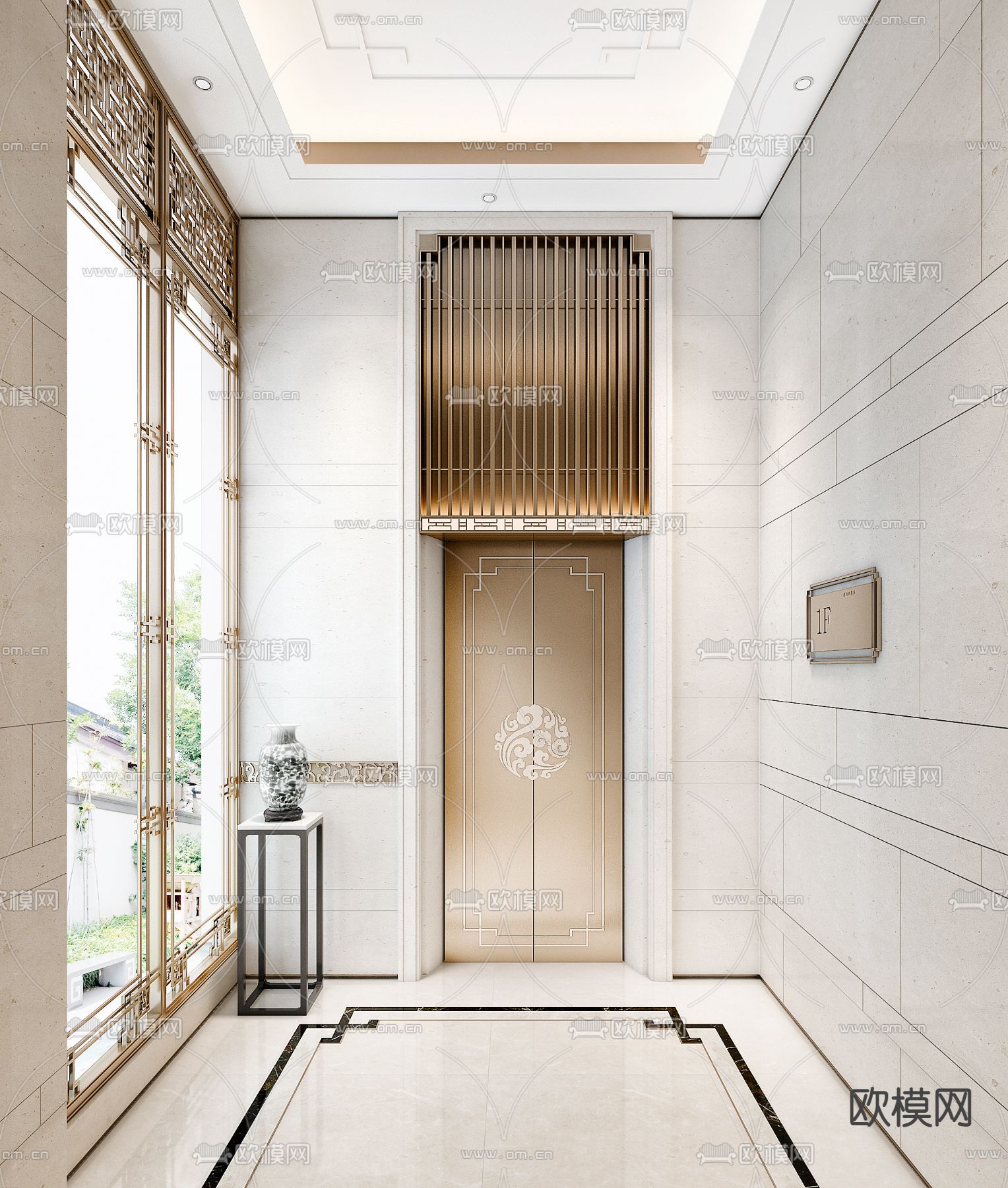 新中式酒店电梯厅su模型下载（渲染图1）