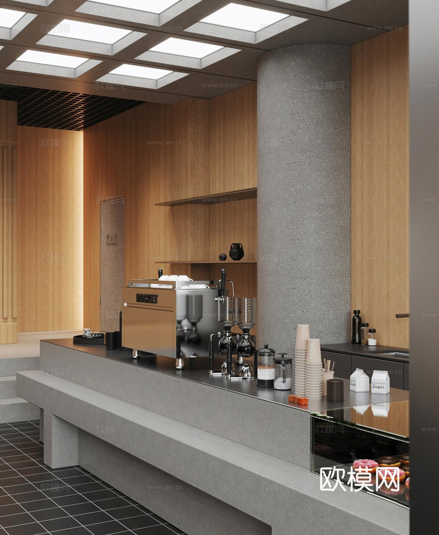 工业咖啡厅 咖啡操作台 奶茶店操作台 工业风奶茶店 咖啡桌椅su模型下载（渲染图2）