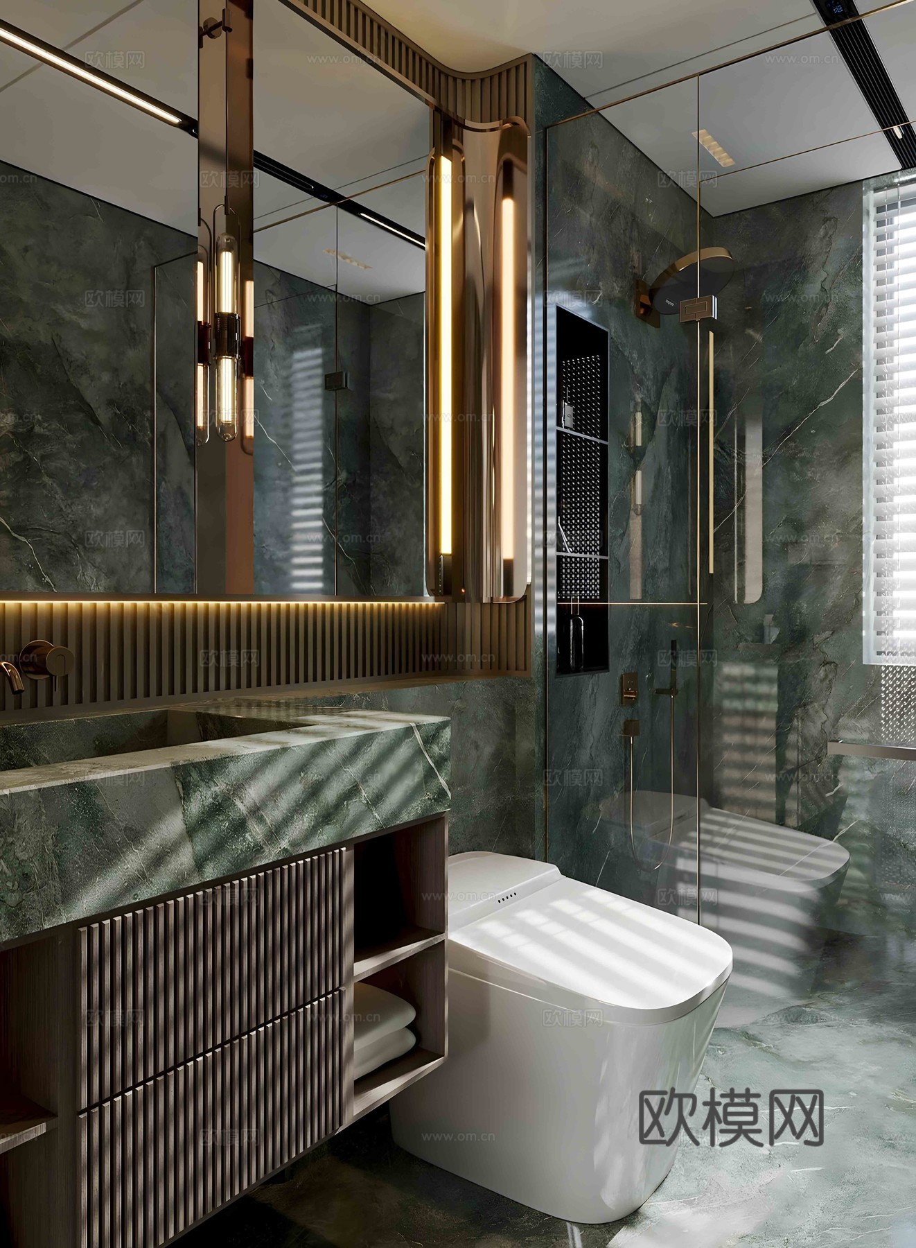 轻奢意式卫生间 大理石卫生间 卫生间洗手台 玻璃门卫生间su模型下载（渲染图2）