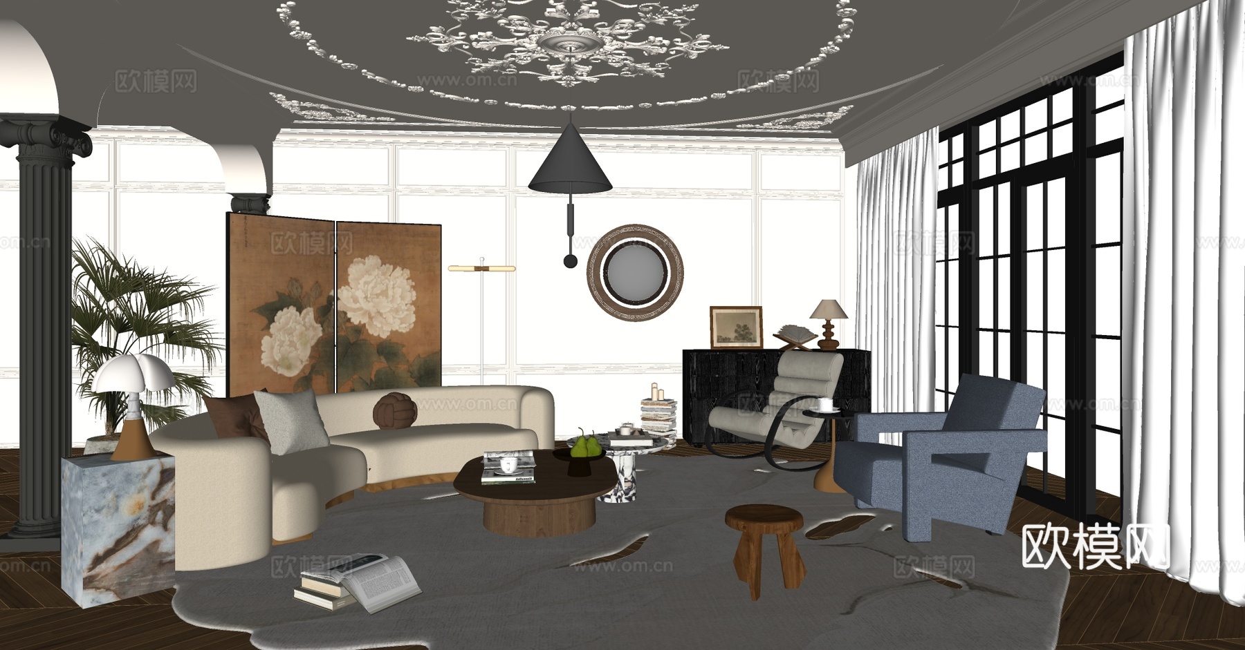中古家居客厅 侘寂中古风客厅 沙发茶几组合 中古风休闲椅 复su模型下载（渲染图3）